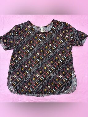 mo:vint Women’s Black Multicolor Geometric Blouse Round Neck Pullover NWOT Sz S